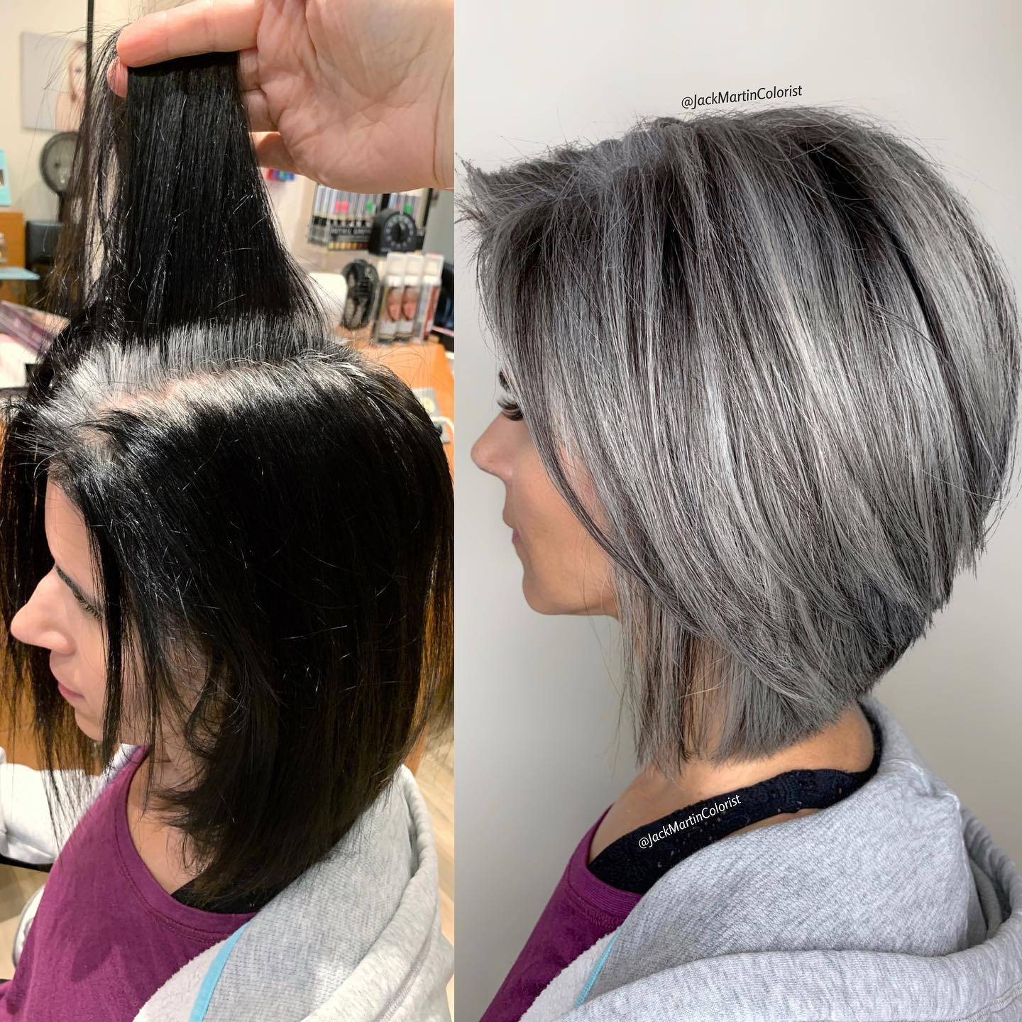 Inverted Gray Balayage Bob Before and After