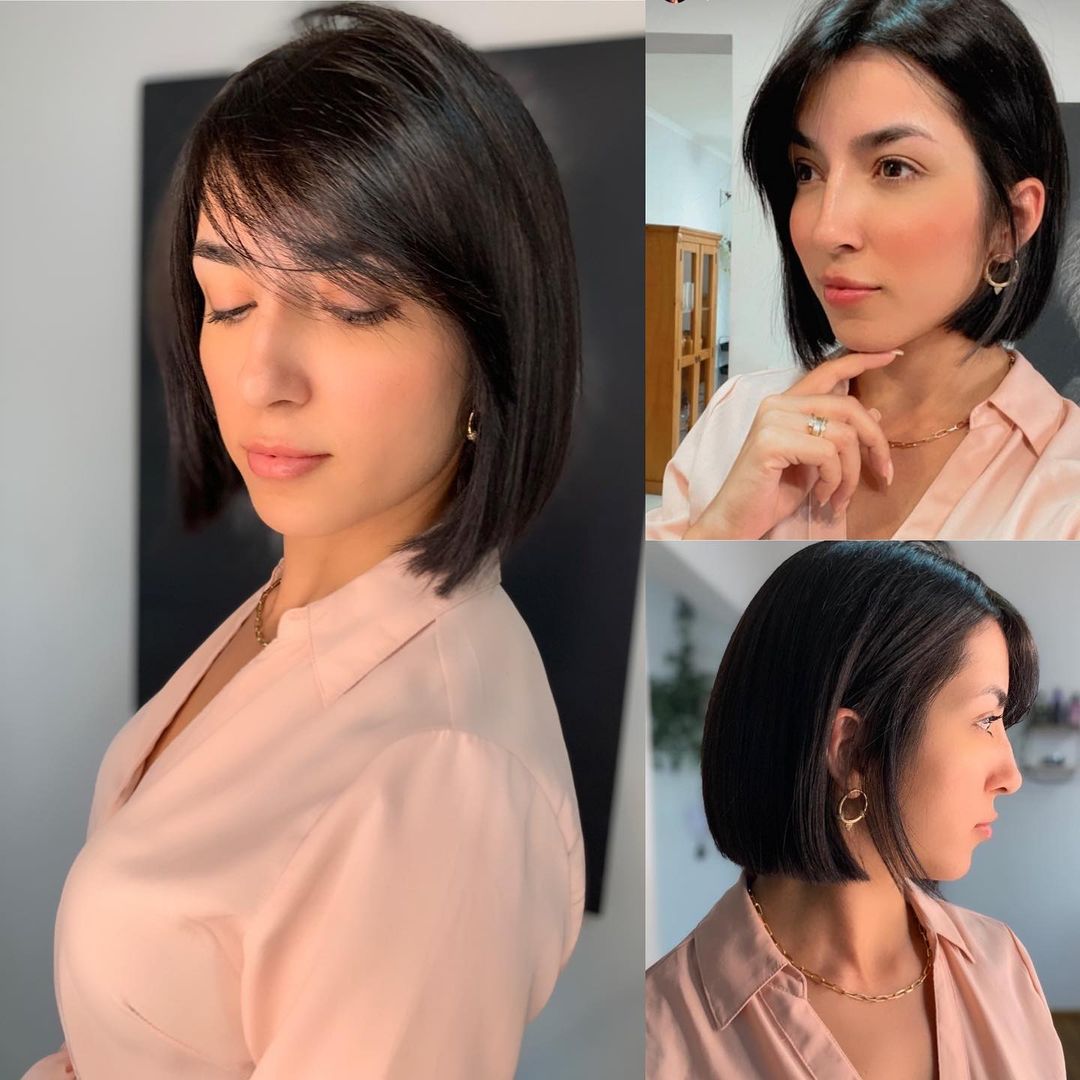 Side-Swept Bangs and Blunt Asymmetrical Bob